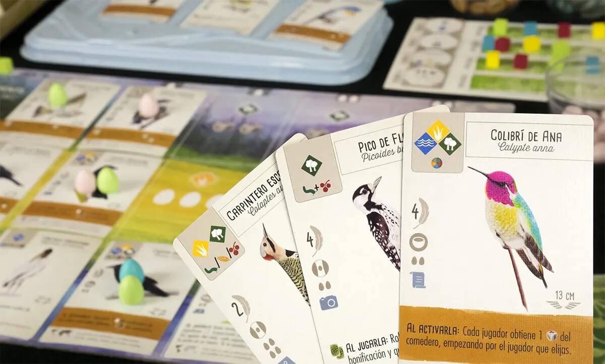 Wingspan player mat with bird cards, egg tokens and the birdfeeder dice tower